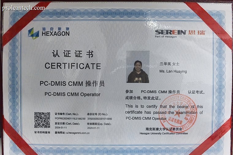 Hexagon PC-DMIS CMM operator certificate issued to a Proleantech inspection engineer