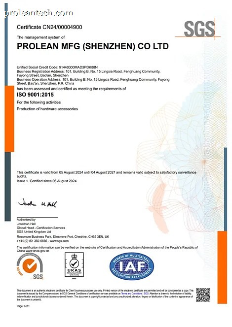 SGS certificate of registration for ISO 9001:2015 issued to Prolean MFG (Shenzhen) Co Ltd, certificate CN24/00004900