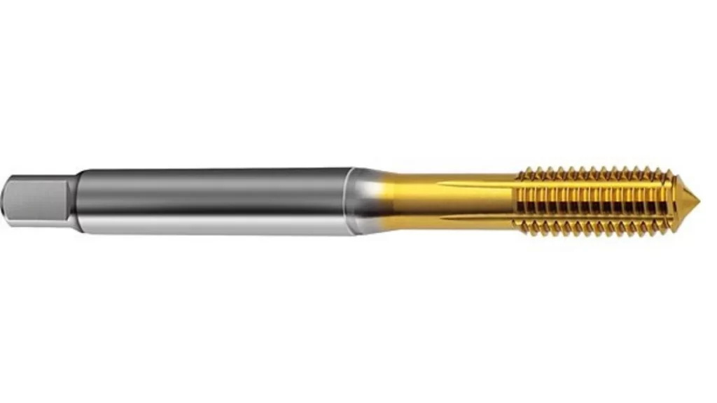 A clear depiction of a fluteless tap, showcasing its smooth design and sharp threads