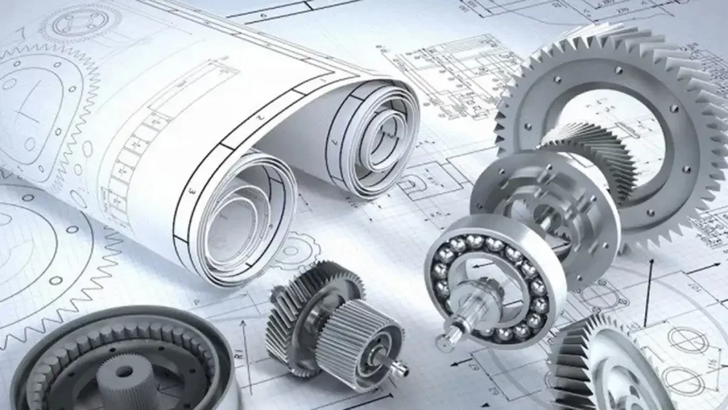Blueprints and gears, symbolizing engineering design.
