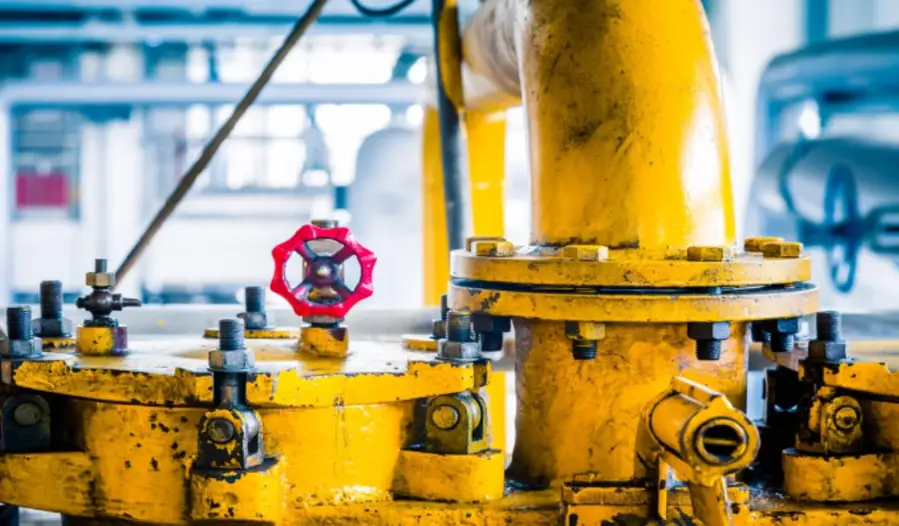 Industrial pipe flange connection with threaded bolts and nuts