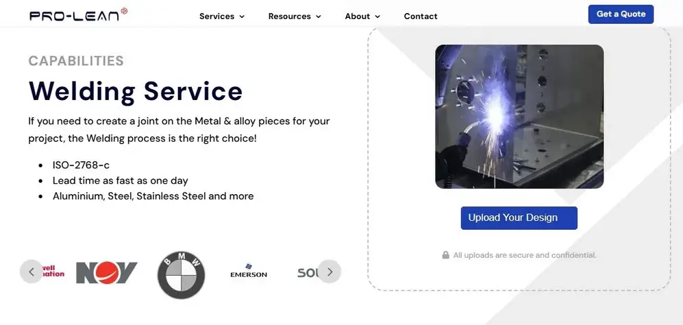 A Showcase of Prolean Tech’s welding service capabilities. It highlights welding standards, metal options, and lead times.