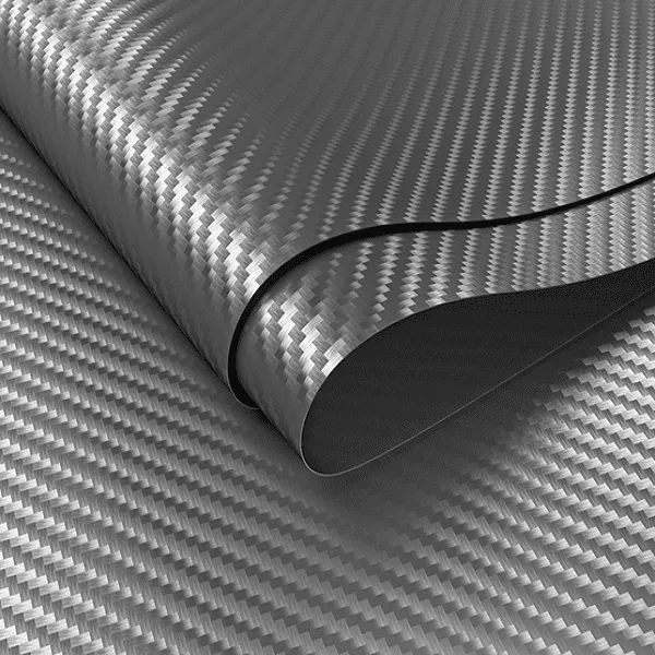 Close-up of a carbon fiber sheet with a sleek, woven pattern.