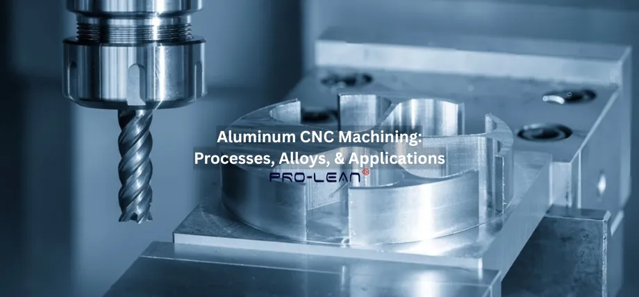 A CNC milling machine with an end mill tool actively machining a polished aluminum workpiece, featuring overlaid text 