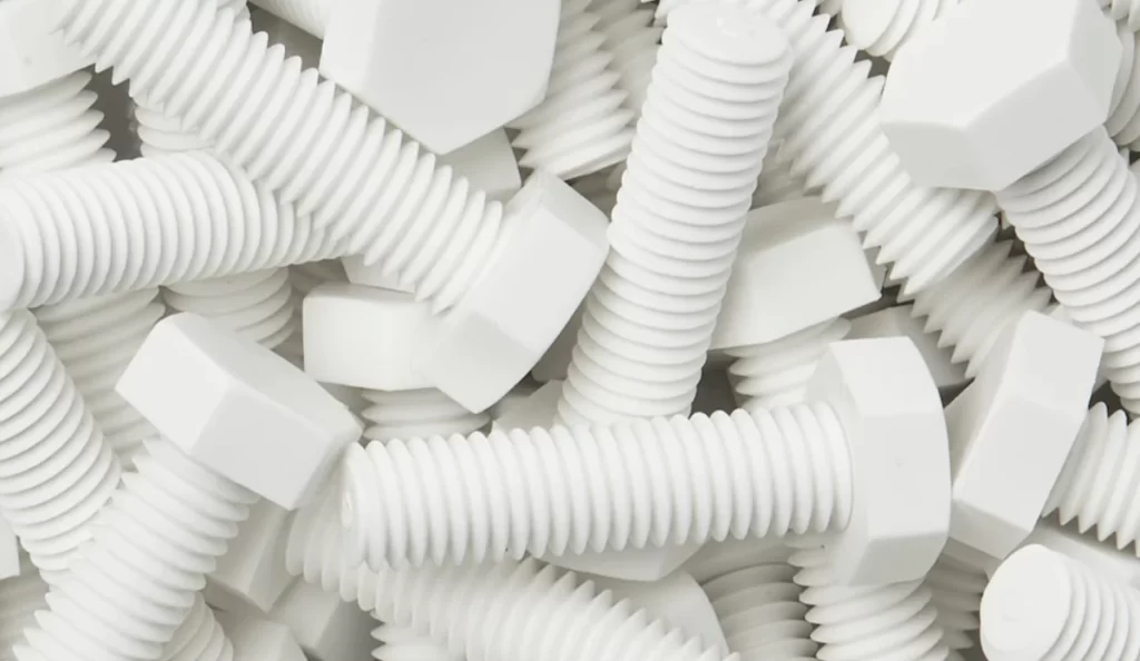 White Polypropylene (PP) bolts and nuts with standard CNC threading