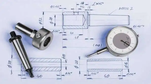 steel machining jigs and dial gauge micrometer laid on the machining technical drawing