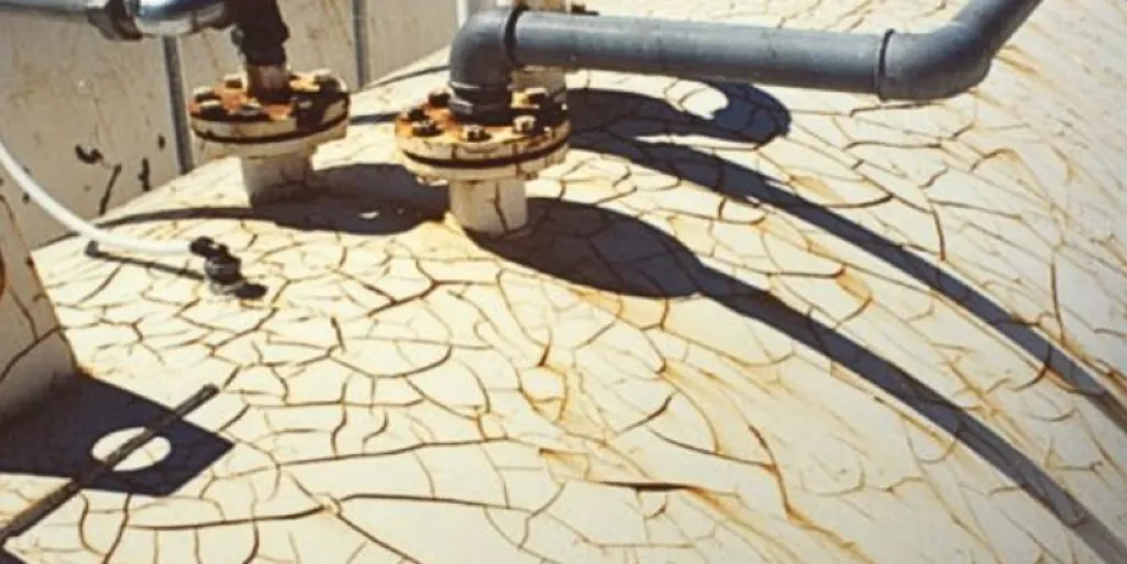 Cracked, failed coating on industrial tank surface 