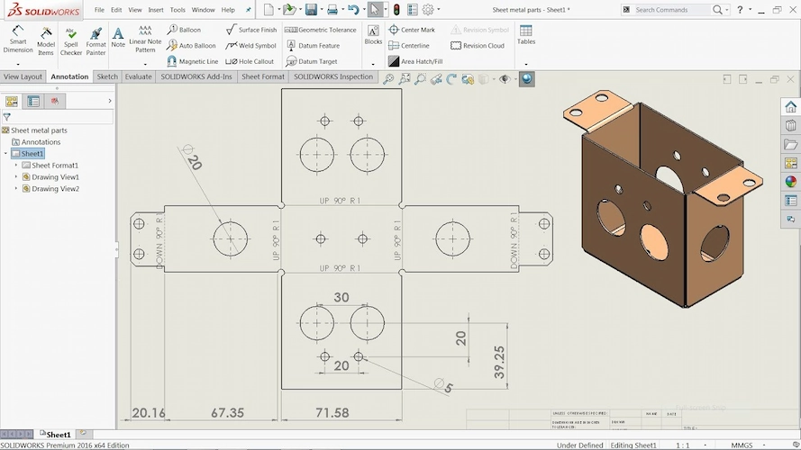 2D CAD drawing of sheet metal part