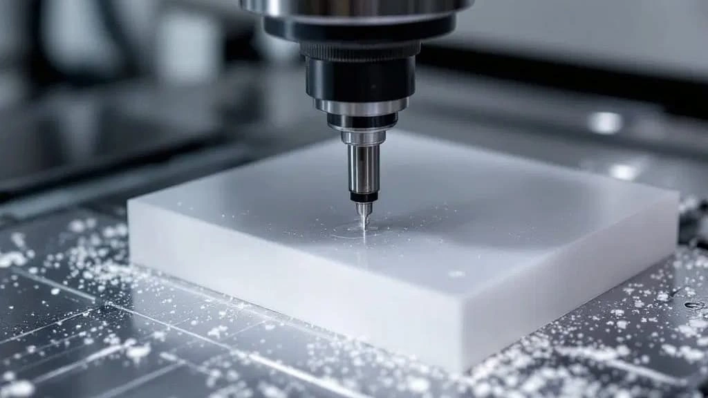 A close-up view of a drilling bit penetrating the Delrin homopolymer material