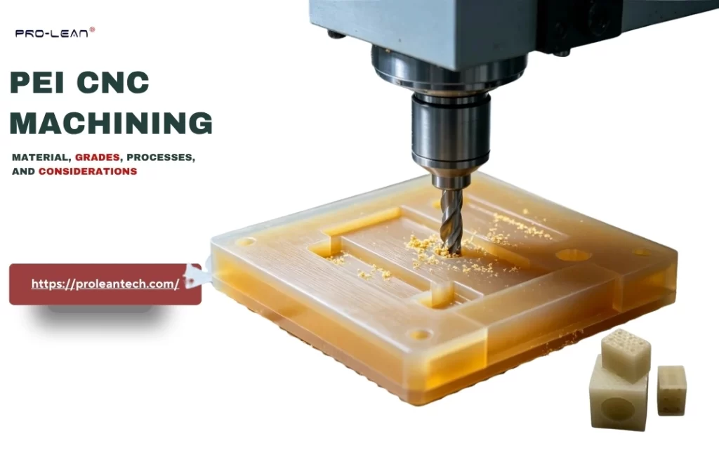 A CNC end mill tool removing material from the PEI workpiece, and the blog title “ PEI CNC Machining” on the left side
