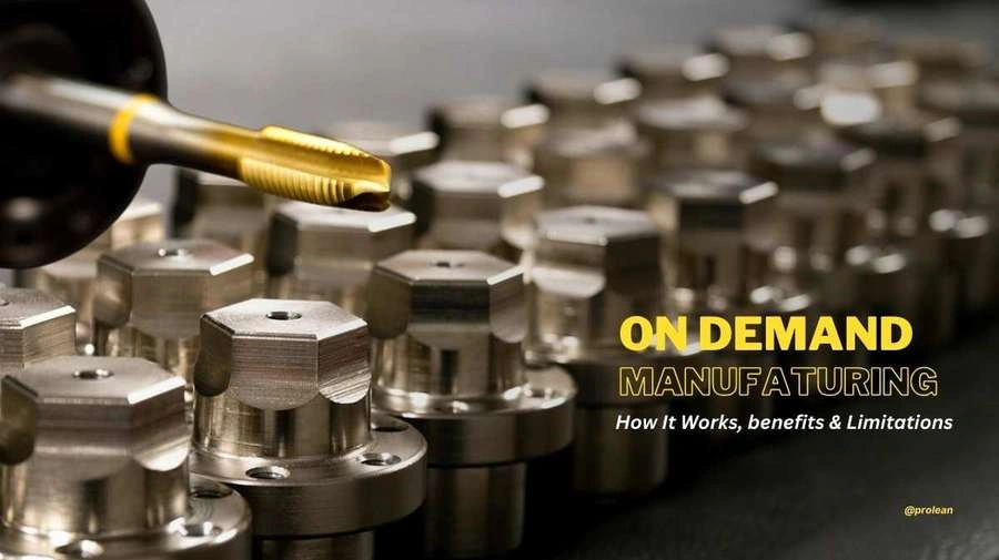 The image features precision-machined metal parts and an active CNC machine tool. The text “On Demand Manufacturing” is highlighted, emphasizing rapid part production.