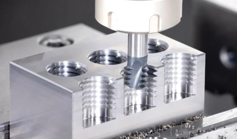 CNC miller cutting internal threads in a metal block
