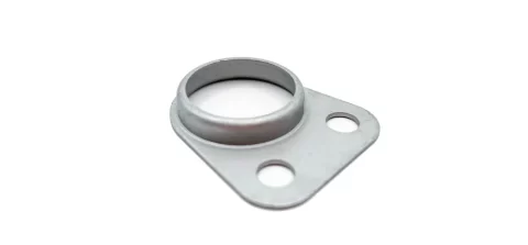 A small, flat metal flange with a circular raised neck and two mounting holes, featuring a matte grey anti-corrosive finish.