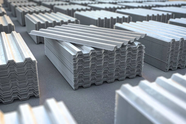 Galvanized structural steel sections stacked on a construction site
