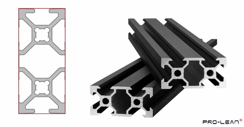 A typical drawing of a 2040 aluminum extrusion and corresponding extruded profiles on the right