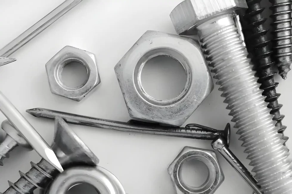 A close-up view of assorted nuts, nails, bolts, and screws.