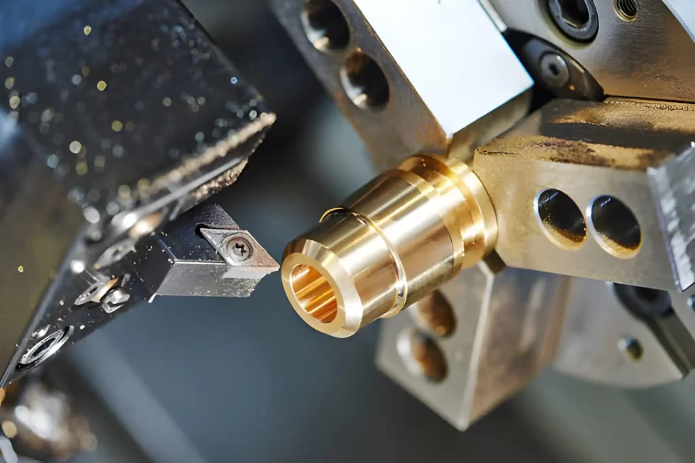 Brass workpiece being machined on a CNC lathe during the turning process.