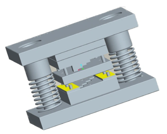 CAD model of a blanking die assembly with guide pins and yellow die inserts