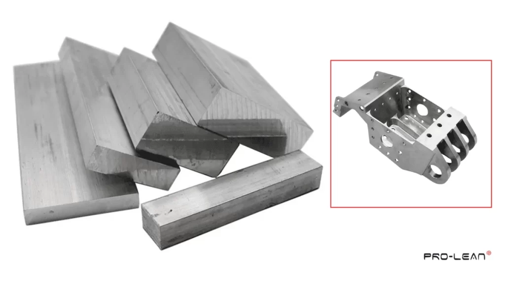 An image of raw aluminum blocks and a machined part