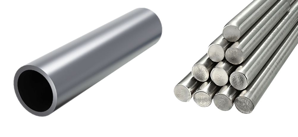 A large hollow tube and a pile of ferritic solid rods side-by-side