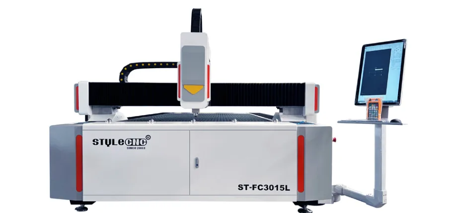 StyleCNC ST-FC3015L fiber laser cutting machine with monitor, gantry, and enclosed worktable.