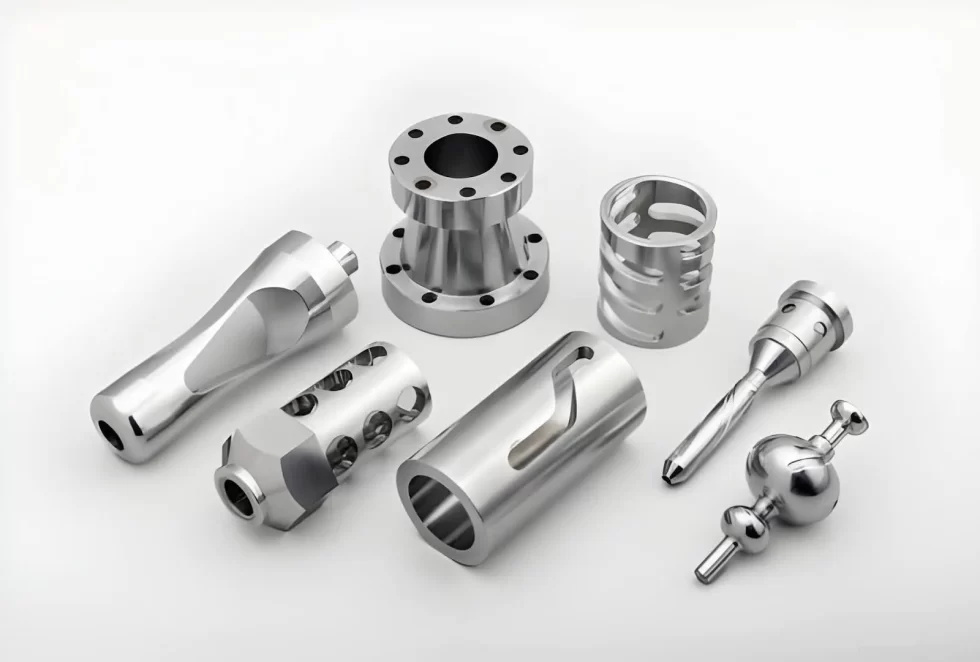 Close-up of precision-machined stainless steel components highlighting detailed surfaces.