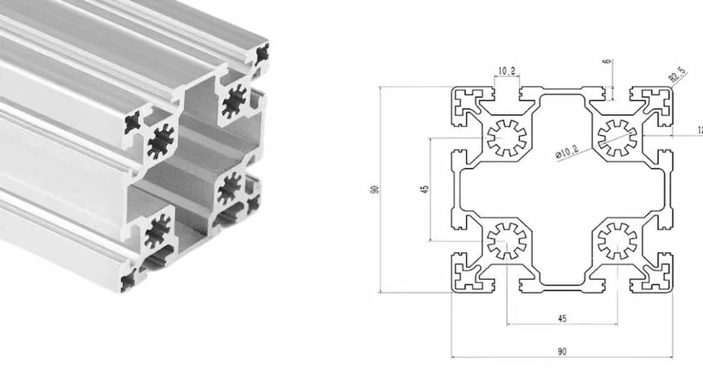 Cross section view of T slot extruded profile at the left and corresponding drawing at the right.