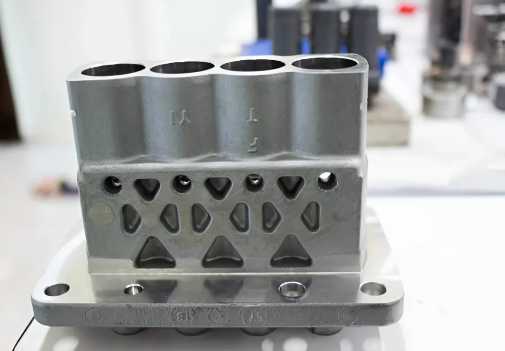 A close-up of a zinc die-cast part. It depicts its surface finish quality and design features.