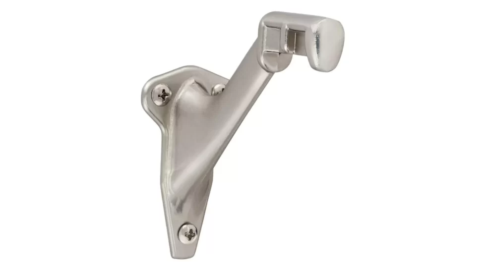 A nickel-finished aluminum handrail bracket with a sleek, metallic appearance. Particularly, designed for designed for securing handrails to walls.
