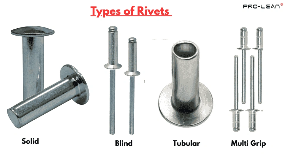An image showing solid, blind, tubular, and multi-grip rivets with clear labeling under them