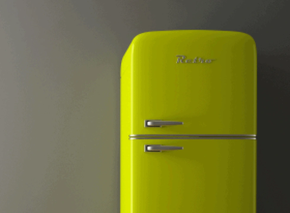 A green powder coated refrigerator with two silver colored handles