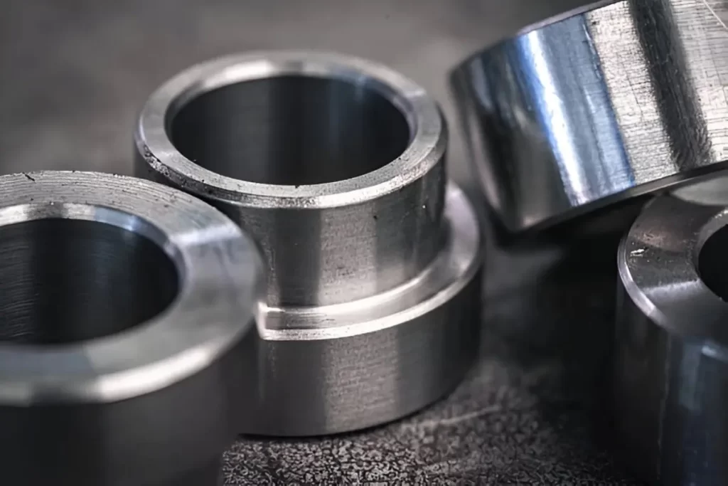 Close-up of carbon steel components, showing their machined shapes and metallic surface.