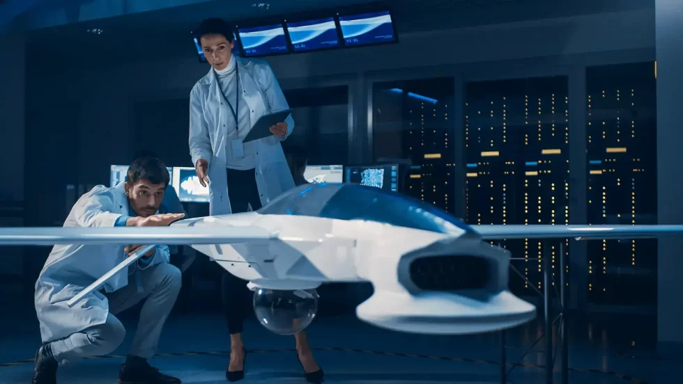 Engineers examining futuristic aircraft prototype model in high-tech aerospace lab