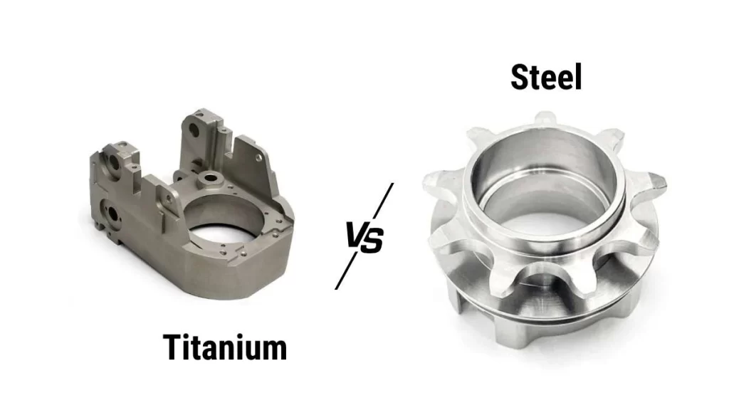 An image comparing titanium vs steel machined parts, with labelled text