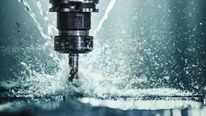 High-speed CNC machine cutting glass with water spray for precision machining.