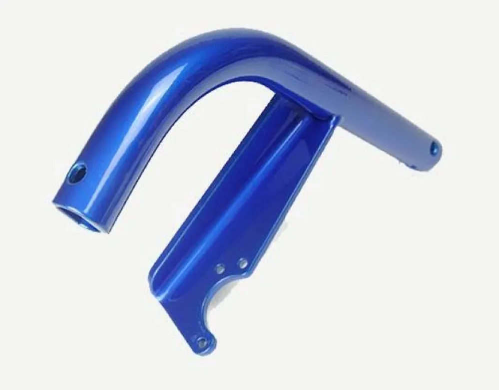 A shiny metal part coated in blue nylon powder finish placed on a white surface