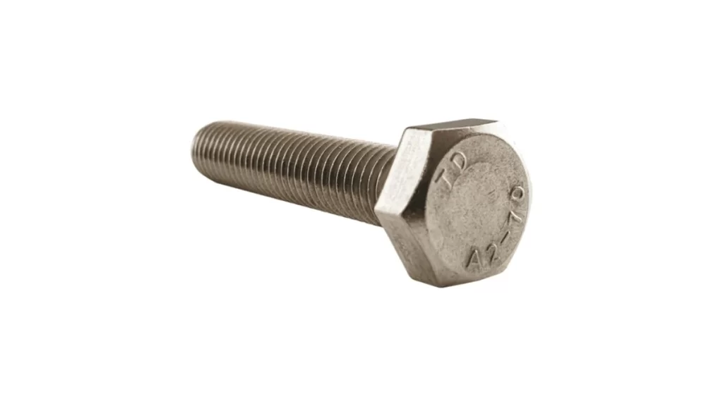 Close-up of a bolt fastener with its standard name labeled on the head.