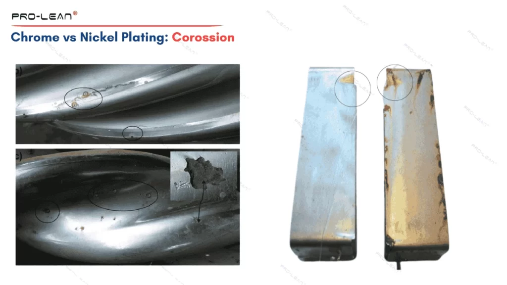 An image comparing corrosion in nickel plated vs chrome plated components