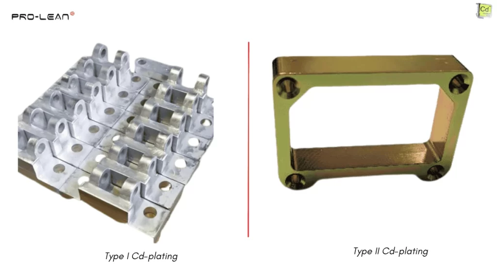 Two custom parts showing Type I and Type II Cadmium plating colors