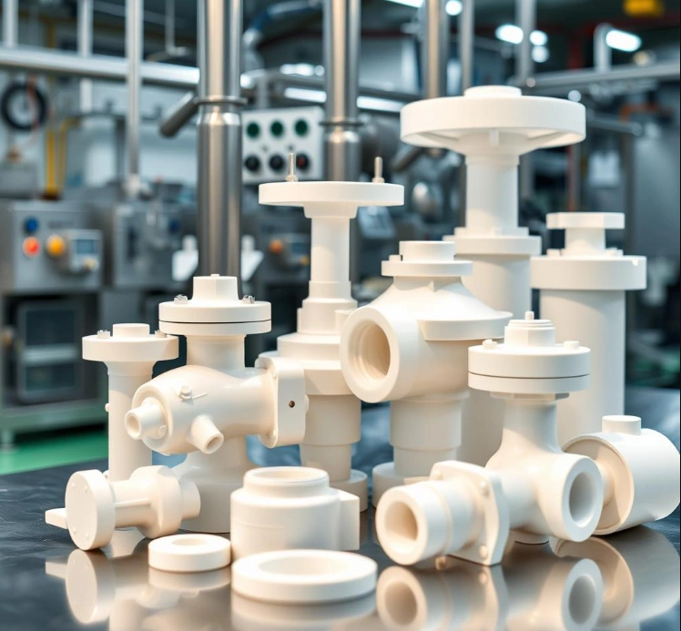 Food-grade machined polypropylene conveyor components, including sprockets, guide rails, and wear strips for food processing equipment