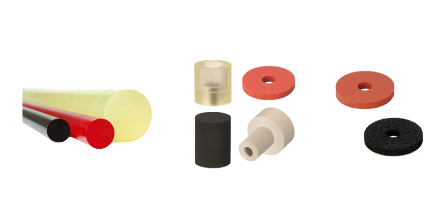 round urethane cylinders and cylindrical discs in different colors on a white background