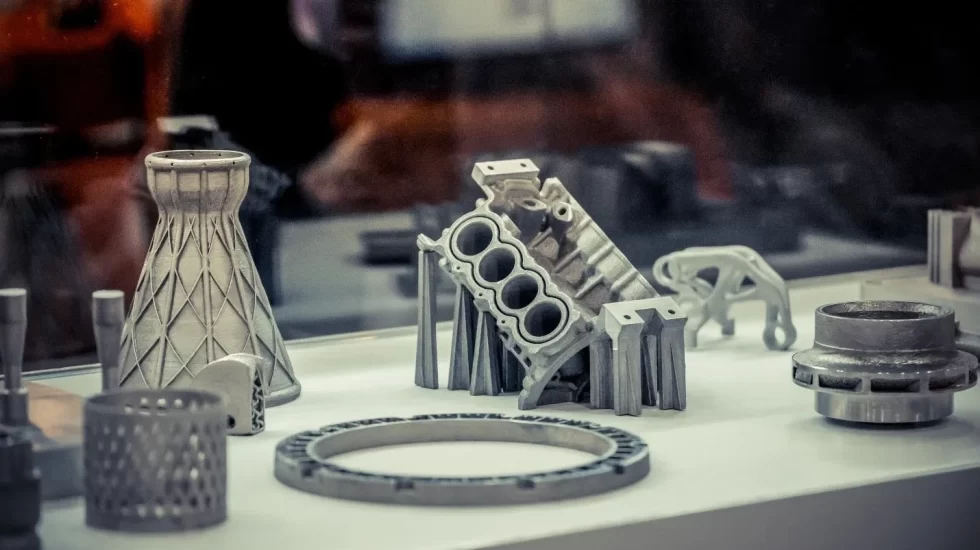 Various metal 3D printed parts, including an engine block and structural components