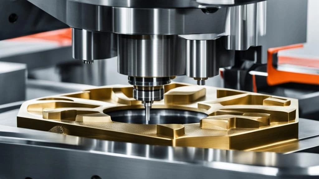 A close-up view of the Vespel milling setup, end mill tool above machining part