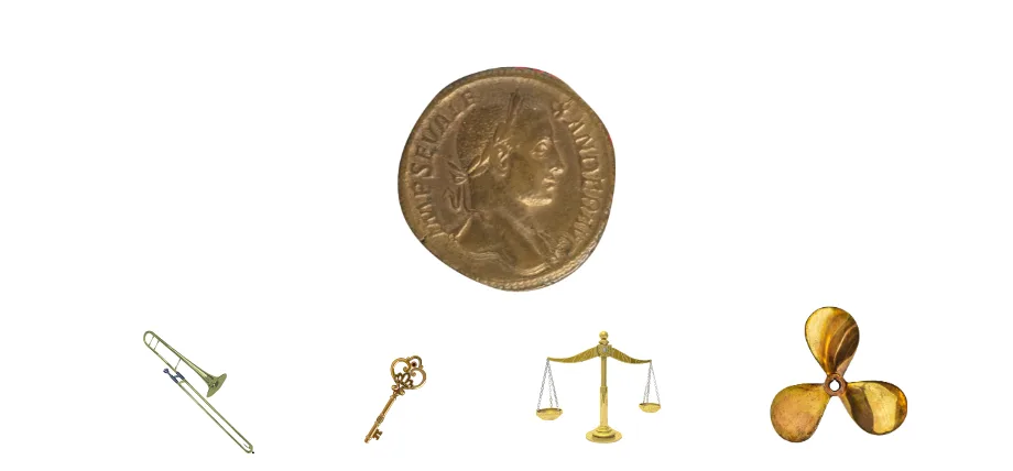 Brass musical instruments, keys, propeller and coin