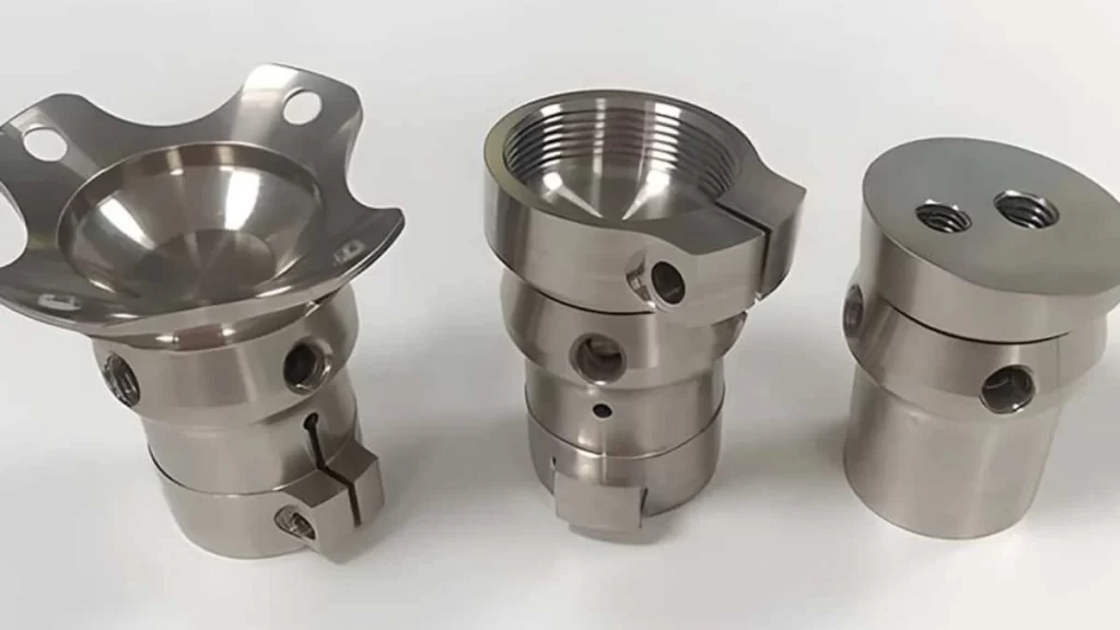 Titanium machined precision parts showcasing fine details, and refined finish surface
