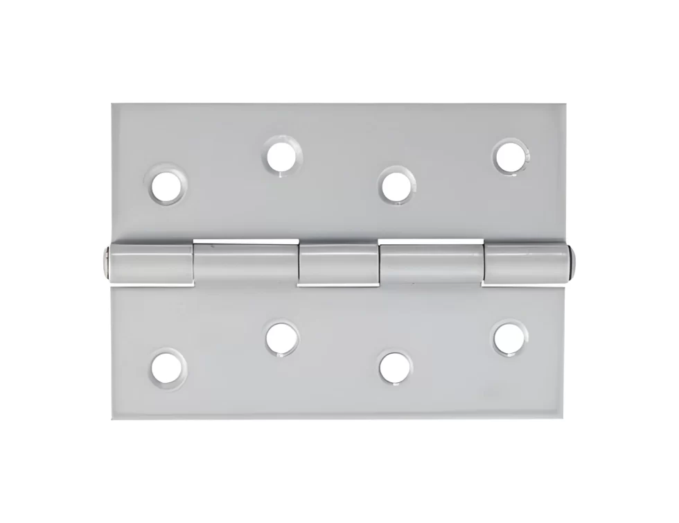 A metal hinge displayed on a plain surface.