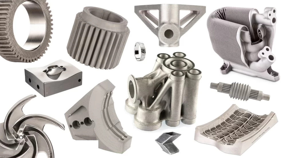 A collection of different metal 3D printed parts like gears, brackets, and heat exchangers