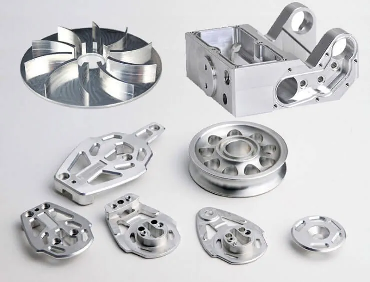 Various 7075 aluminum CNC-machined parts with complex geometries and surface finishes