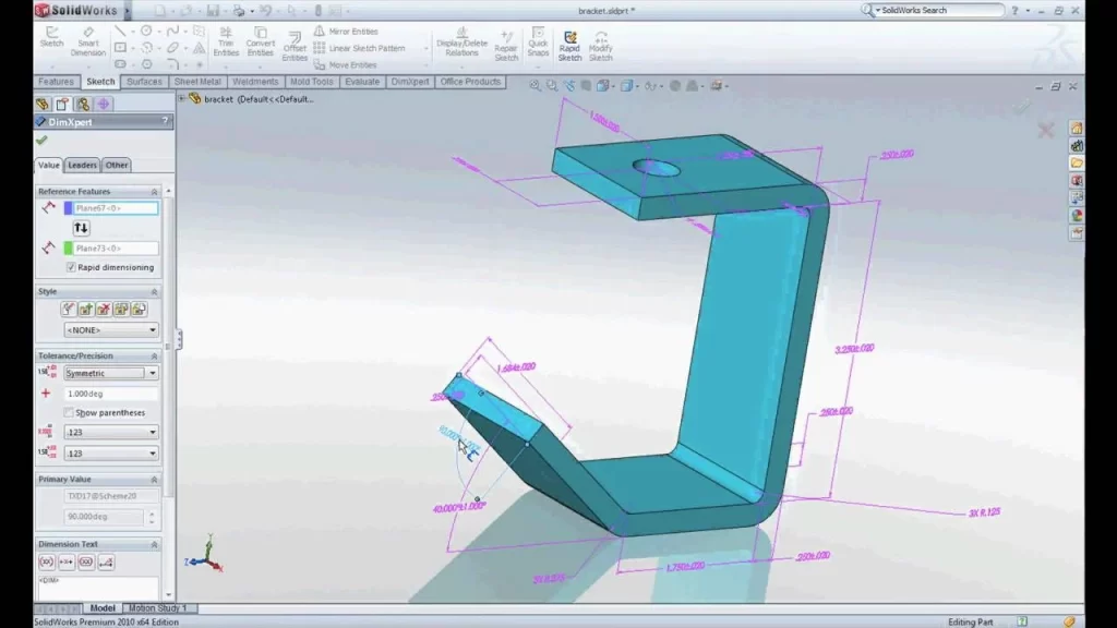 Tolerance stack up analysis of an metal bracket in SolidWorks design software.