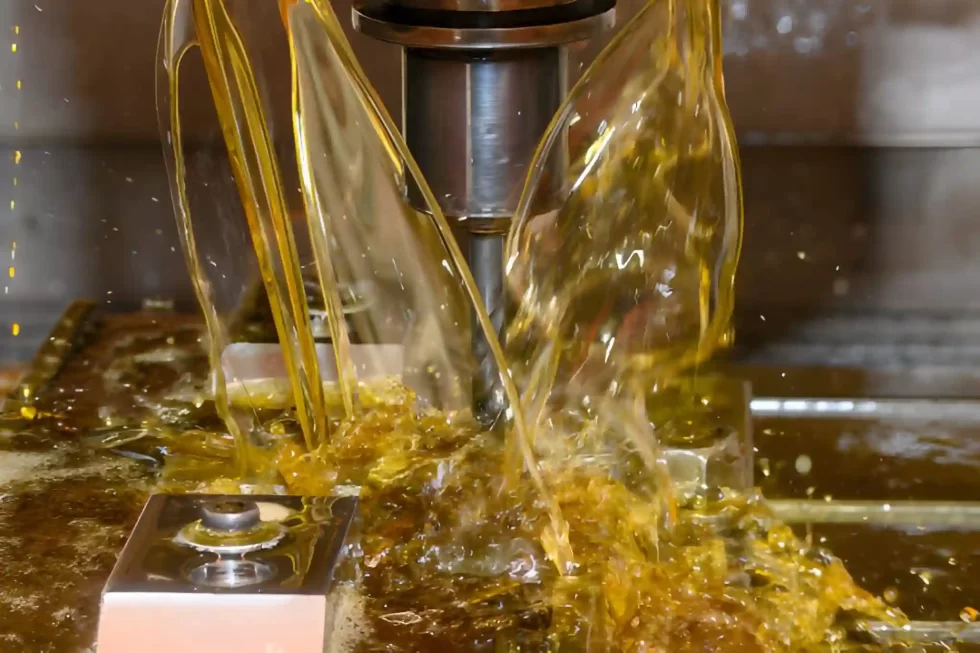 The image shows a CNC machine delivering oil-based coolant directly onto the cutting zone through flexible nozzles.